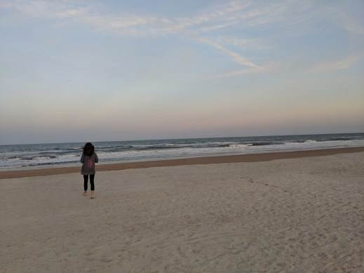 The Bean walking on the beach at dusk.