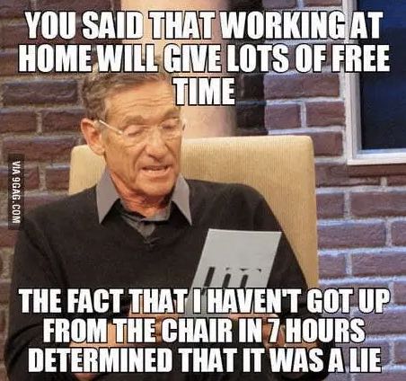 Maurey Povich meme that states: You said that working at home will give you lots of free time. The face that I haven't got up from this chair in 7 hours determined that it was a lie.