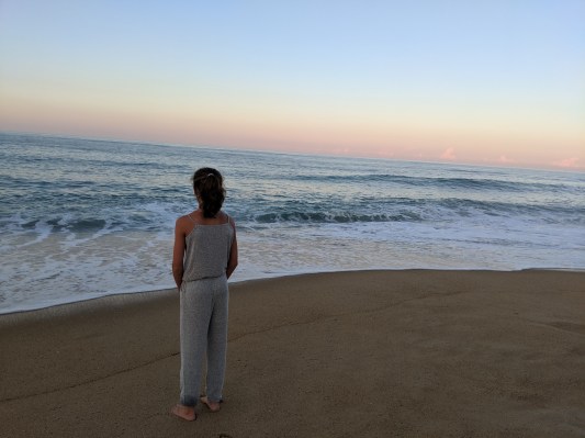 The Bean standing at the edge of the ocean, wearing a grey jumpsuit, at dusk. The waves are ca